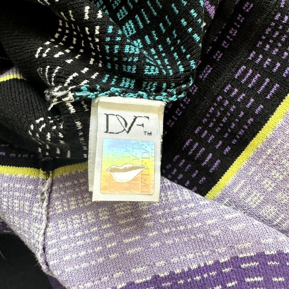 DVF Women's Carrigan Dress Large Purple Teal 3/4 Sleeve Silk Blend Striped Knit - Picture 9 of 16